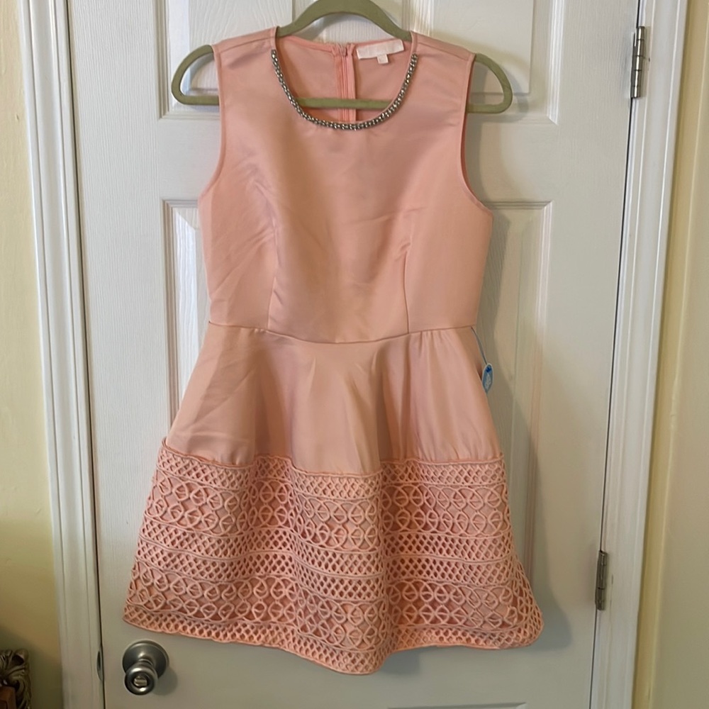 Pink mini dress with jewel neck detail